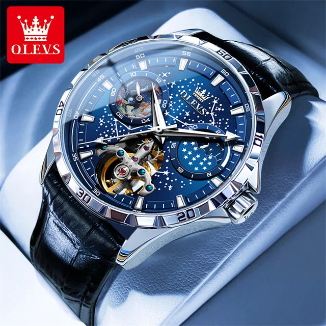 New In OLEVS Automatic Mechanical Watch for Men Starry Sky 42mm Dial Rotating Seconds Wrist Watch Luminous Star Moon Phase Watch 6689-HPBL