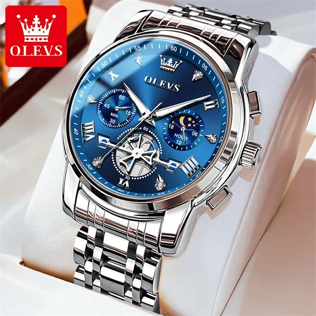 OLEVS 2856 New Men's Watches Luxury Classic Flywheel Design Waterproof Chronograph Moon Phase 24 Hour Quartz Wrist Watch for Men Silver Blue