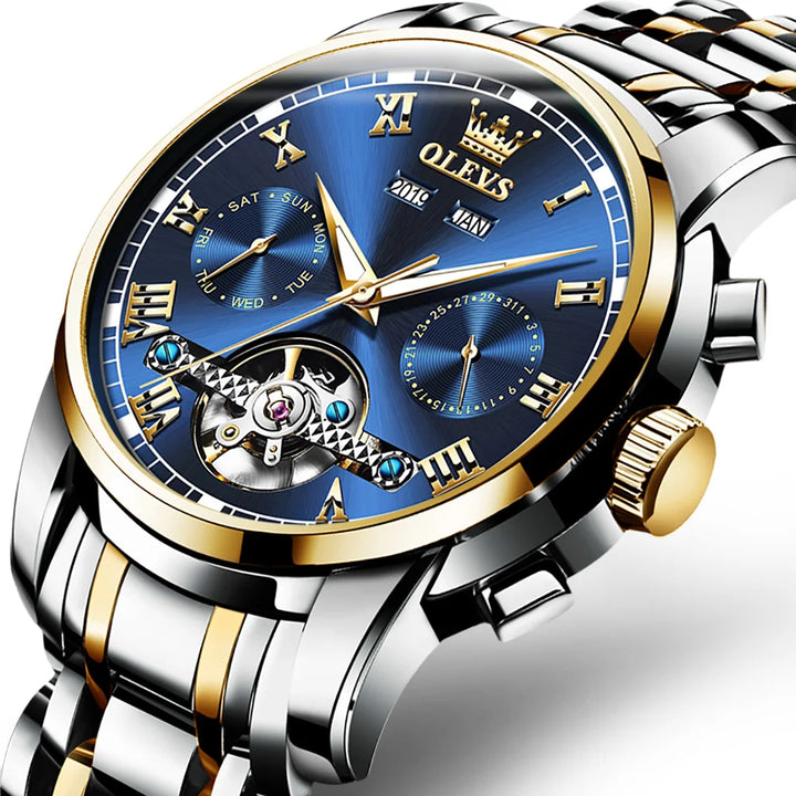 OLEVS Mechanical Watches Automatic Watch Men Stainless Steel Waterproof Luminous Watch for Men Luxury TOP Brand Wristwatch Blue