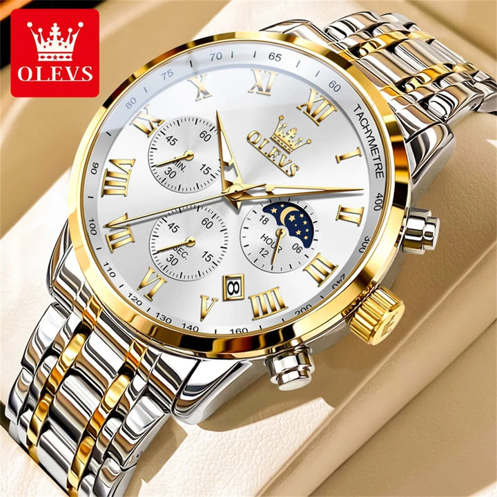 OLEVS 5529 Luxury Quartz Watch For Men Roman Scale Moon Phase Chronograph Man Watches Waterproof Luminous Calendar Wrist Watch Gold White