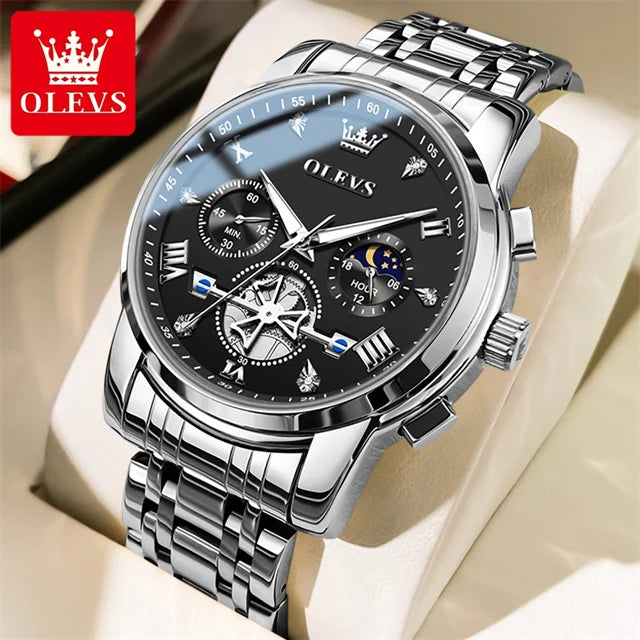 OLEVS Stainless Steel Men's Watches Chronograph Moon Phase Waterproof Luminous Quartz Wrist Watch for Men Luxury Brand Man Watch Silver Black