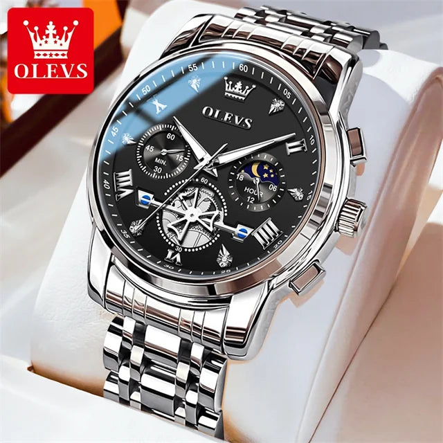 OLEVS 2856 New Men's Watches Luxury Classic Flywheel Design Waterproof Chronograph Moon Phase 24 Hour Quartz Wrist Watch for Men Silver Black