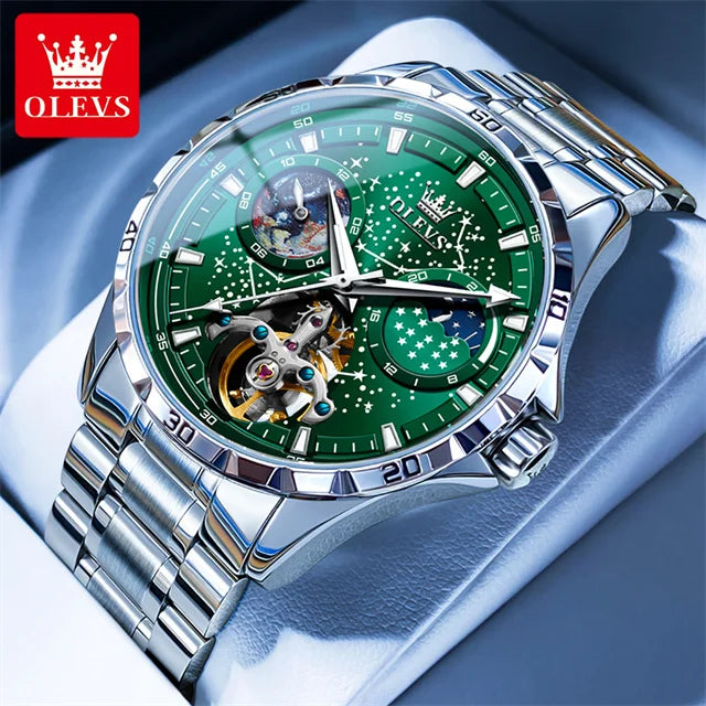 New In OLEVS Automatic Mechanical Watch for Men Starry Sky 42mm Dial Rotating Seconds Wrist Watch Luminous Star Moon Phase Watch 6689-GDBLV