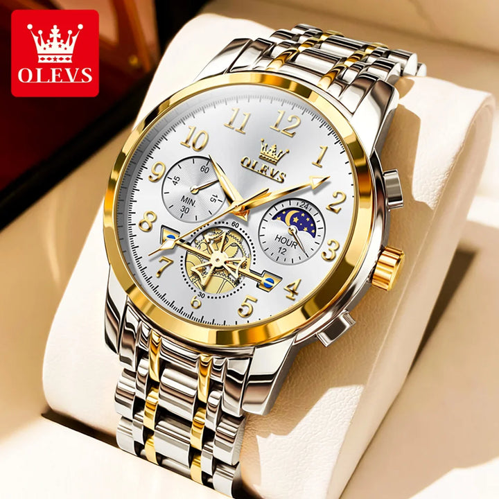 OLEVS 2900 NEW Quartz Watch for Men High Quality Multifunctional Chronograph Waterproof Stainless steel Moon Phase Men's Watches WHITE