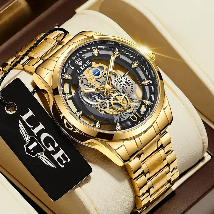 LIGE New Men Watch Skeleton Quartz Wristwatch Gold Skeleton Retro Man Watch Top Brand Luxury Clock Mens Watches Reloj Hombre gold black