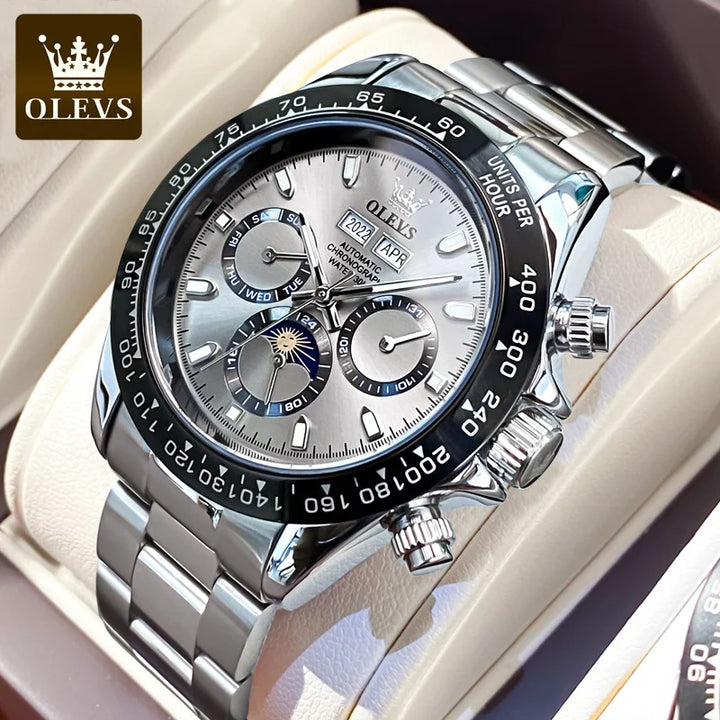 OLEVS Automatic Mechanical Watch for Men TOP Brand Original Stainless Steel Luminous Waterproof Date Man Wrist Watch Luxury Set Silver