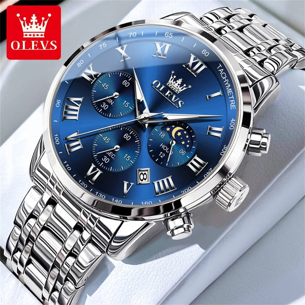 OLEVS 5529 Luxury Quartz Watch For Men Roman Scale Moon Phase Chronograph Man Watches Waterproof Luminous Calendar Wrist Watch Silver Blue