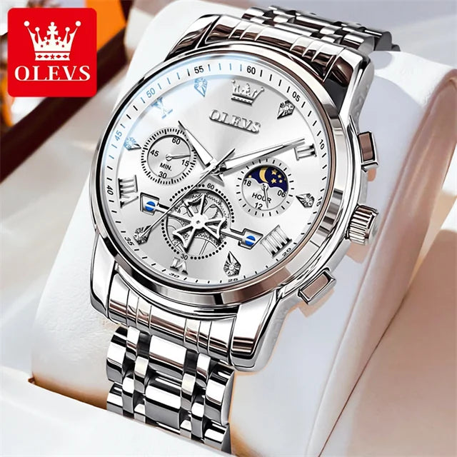 OLEVS 2856 New Men's Watches Luxury Classic Flywheel Design Waterproof Chronograph Moon Phase 24 Hour Quartz Wrist Watch for Men Silver White