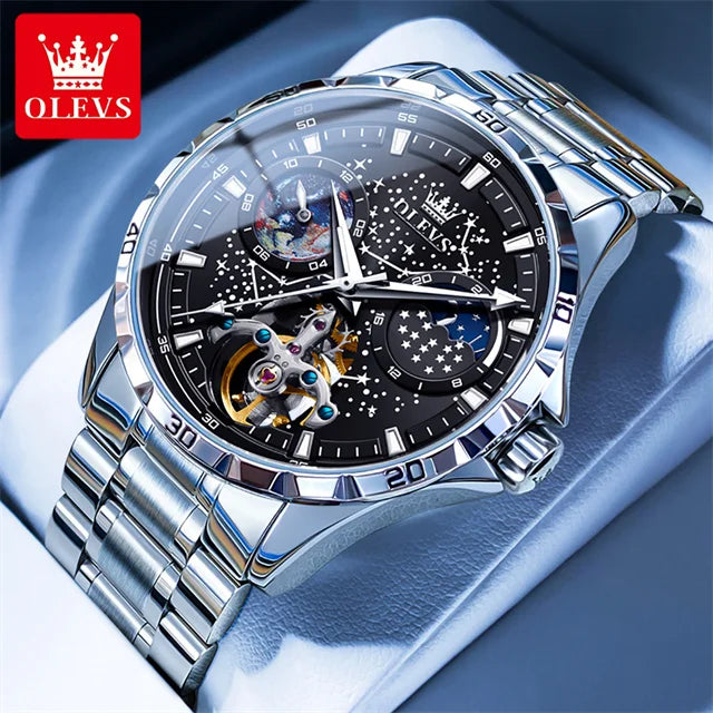 New In OLEVS Automatic Mechanical Watch for Men Starry Sky 42mm Dial Rotating Seconds Wrist Watch Luminous Star Moon Phase Watch 6689-GDBH