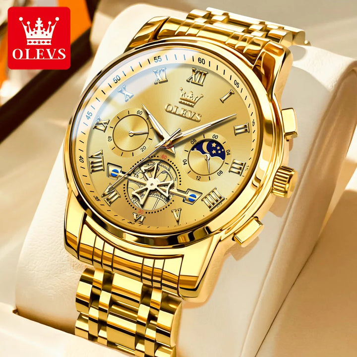 OLEVS Men’s Watch Analog Quartz Movement Business Stainless Steel Waterproof Luminous Chronograph Day Date Male Wrist Watches gold