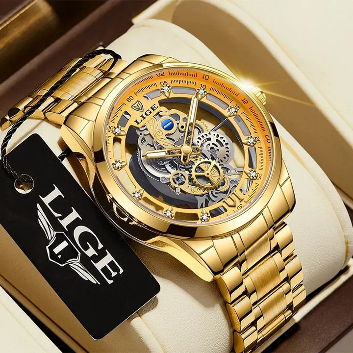 LIGE New Men Watch Skeleton Quartz Wristwatch Gold Skeleton Retro Man Watch Top Brand Luxury Clock Mens Watches Reloj Hombre all yellow