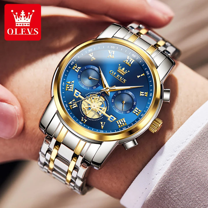 OLEVS Watch for Men Luxury Multifunction Waterproof Luminous Stainless Steel Calendar/Week Display Business Top Quartz Men Watch