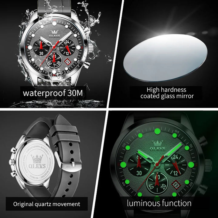 OLEVS Luxury Watch for Men Silicone Strap Waterproof Luminous Chronograph Classic Man Watch Top Original Quartz Men's Watch 2024