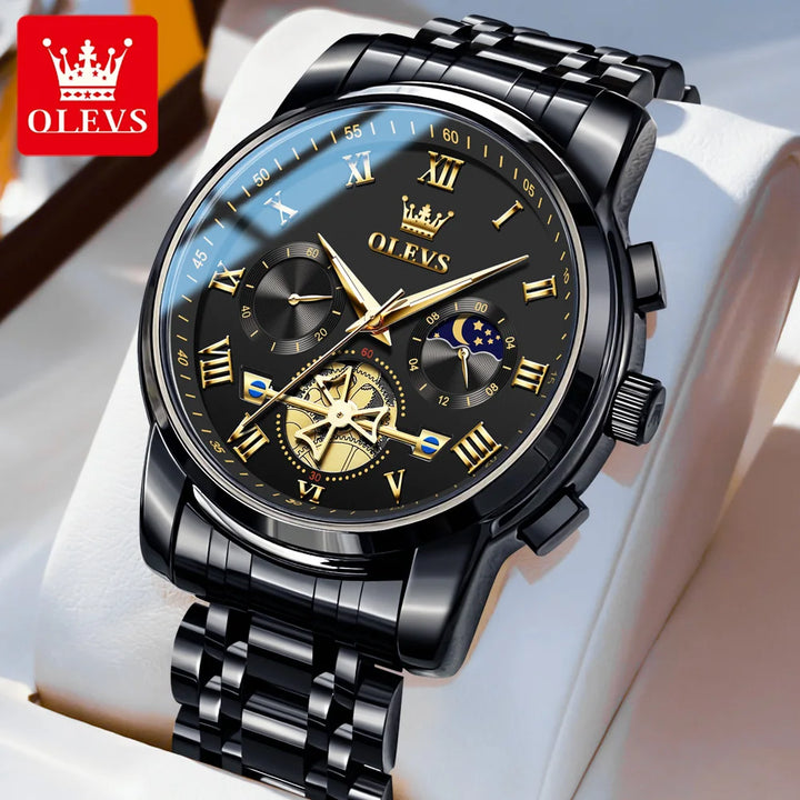 OLEVS Men’s Watch Analog Quartz Movement Business Stainless Steel Waterproof Luminous Chronograph Day Date Male Wrist Watches full black