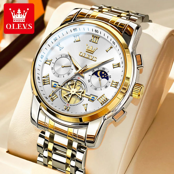 OLEVS Men’s Watch Analog Quartz Movement Business Stainless Steel Waterproof Luminous Chronograph Day Date Male Wrist Watches gold white