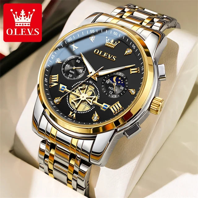 OLEVS Stainless Steel Men's Watches Chronograph Moon Phase Waterproof Luminous Quartz Wrist Watch for Men Luxury Brand Man Watch Gold Black