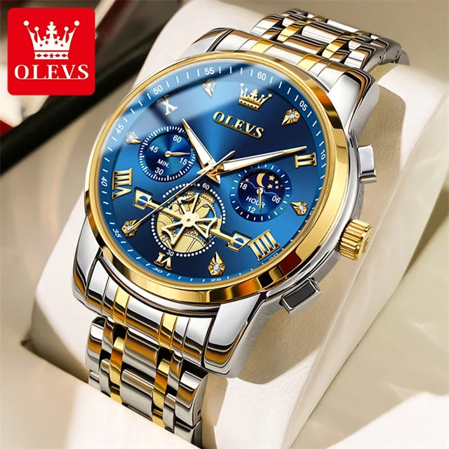 OLEVS Stainless Steel Men's Watches Chronograph Moon Phase Waterproof Luminous Quartz Wrist Watch for Men Luxury Brand Man Watch Gold Blue