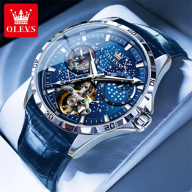 New In OLEVS Automatic Mechanical Watch for Men Starry Sky 42mm Dial Rotating Seconds Wrist Watch Luminous Star Moon Phase Watch 6689-LPBL