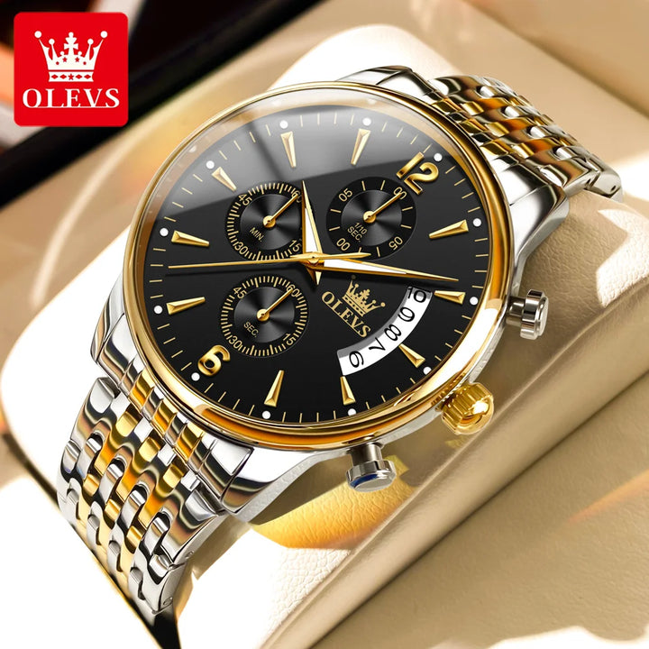 OLEVS Men's Watch Waterproof Luminous Wrist Watch Quartz Stainless Steel Watch for Men Pilot Top Brand Male Watches gold black