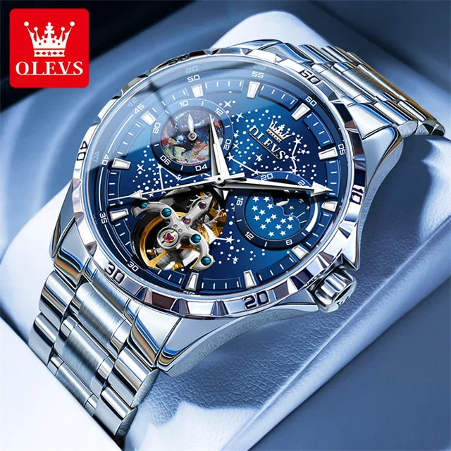 New In OLEVS Automatic Mechanical Watch for Men Starry Sky 42mm Dial Rotating Seconds Wrist Watch Luminous Star Moon Phase Watch 6689-GDBL