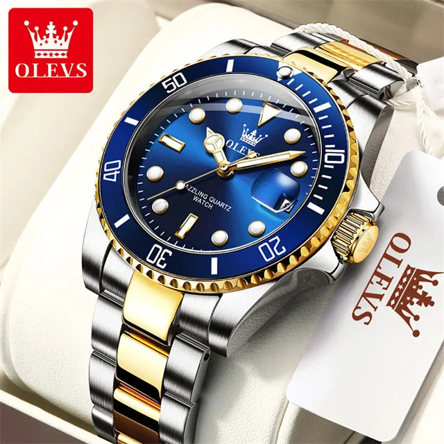 OLEVS Men's Watch Luxury Top Brand One-Way Rotating Outer Ring Design Quartz Watch for Men Auto Date Waterproof Wrist Watches Gold Blue