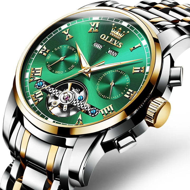 OLEVS Mechanical Watches Automatic Watch Men Stainless Steel Waterproof Luminous Watch for Men Luxury TOP Brand Wristwatch Green