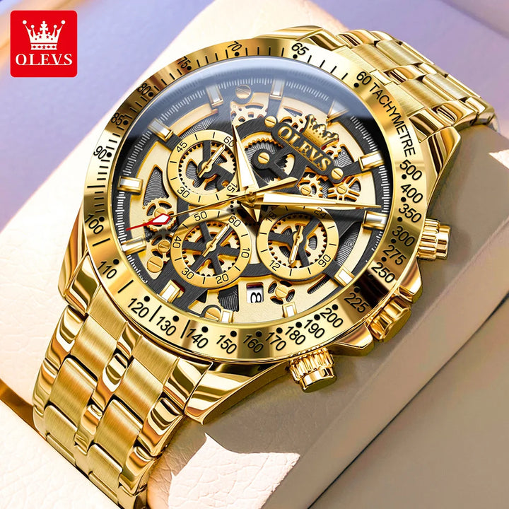 OLEVS Lxuxry Brand Gold Men's Watches Full Skeleton Stainless steel Chronograph Wristwatch Waterproof Luminous Quartz Watch Men Black