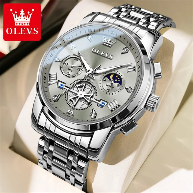 OLEVS Stainless Steel Men's Watches Chronograph Moon Phase Waterproof Luminous Quartz Wrist Watch for Men Luxury Brand Man Watch Silver Grey