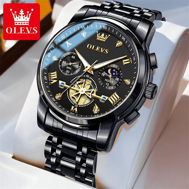 OLEVS 2856 New Men's Watches Luxury Classic Flywheel Design Waterproof Chronograph Moon Phase 24 Hour Quartz Wrist Watch for Men All Black