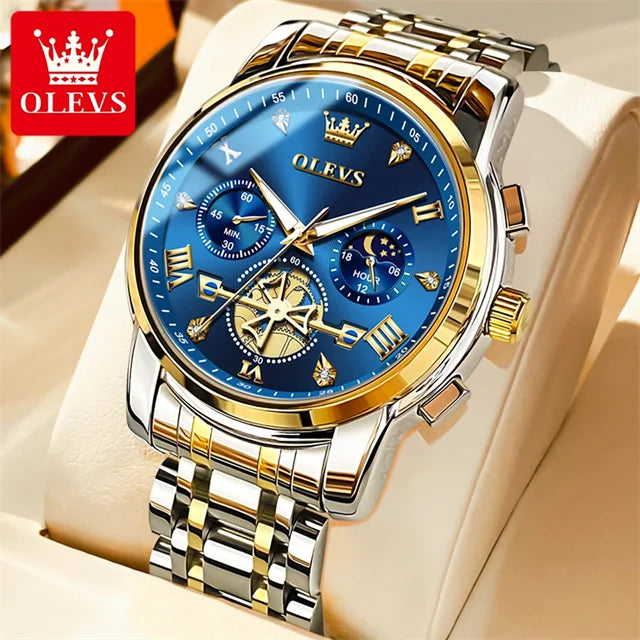 OLEVS 2856 New Men's Watches Luxury Classic Flywheel Design Waterproof Chronograph Moon Phase 24 Hour Quartz Wrist Watch for Men Gold Blue