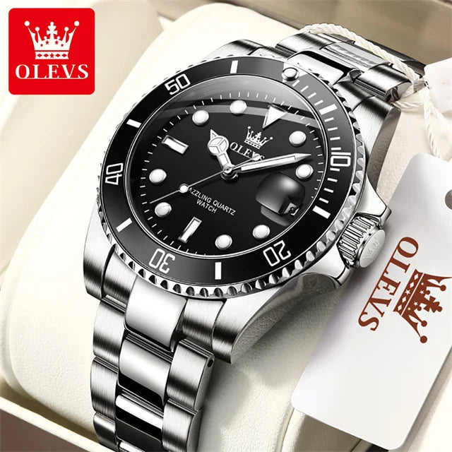 OLEVS Men's Watch Luxury Top Brand One-Way Rotating Outer Ring Design Quartz Watch for Men Auto Date Waterproof Wrist Watches Silver Black