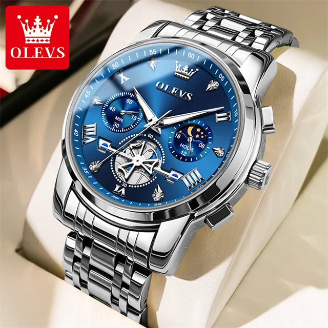 OLEVS Stainless Steel Men's Watches Chronograph Moon Phase Waterproof Luminous Quartz Wrist Watch for Men Luxury Brand Man Watch Silver Blue