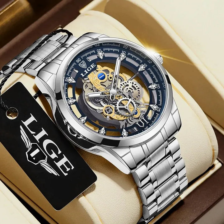 LIGE New Men Watch Skeleton Quartz Wristwatch Gold Skeleton Retro Man Watch Top Brand Luxury Clock Mens Watches Reloj Hombre silver blue