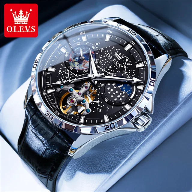 New In OLEVS Automatic Mechanical Watch for Men Starry Sky 42mm Dial Rotating Seconds Wrist Watch Luminous Star Moon Phase Watch 6689-HPBH