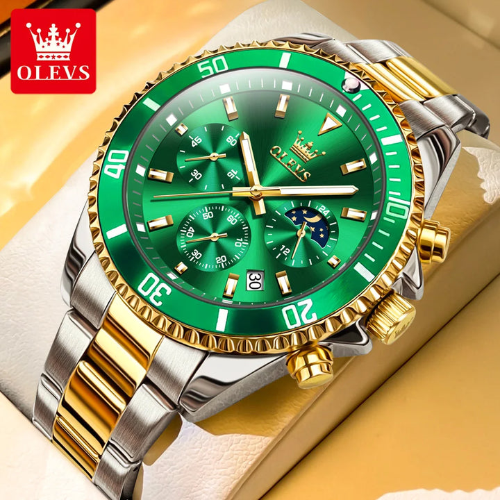 OLEVS Watches For Men Classic with Date Dress Luxury Big Face Waterproof Luminous Men's Wrist Watch Stainless Steel Men Watch gold green No