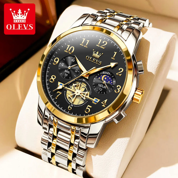 OLEVS 2900 NEW Quartz Watch for Men High Quality Multifunctional Chronograph Waterproof Stainless steel Moon Phase Men's Watches Yellow