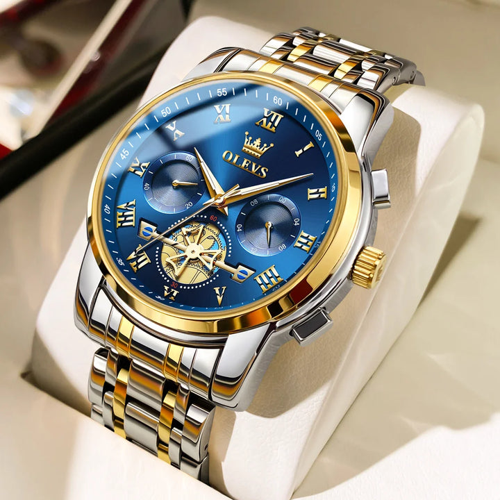 OLEVS Watch for Men Luxury Multifunction Waterproof Luminous Stainless Steel Calendar/Week Display Business Top Quartz Men Watch gold blue