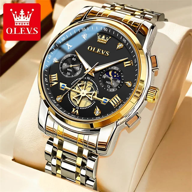 OLEVS 2856 New Men's Watches Luxury Classic Flywheel Design Waterproof Chronograph Moon Phase 24 Hour Quartz Wrist Watch for Men Gold Black