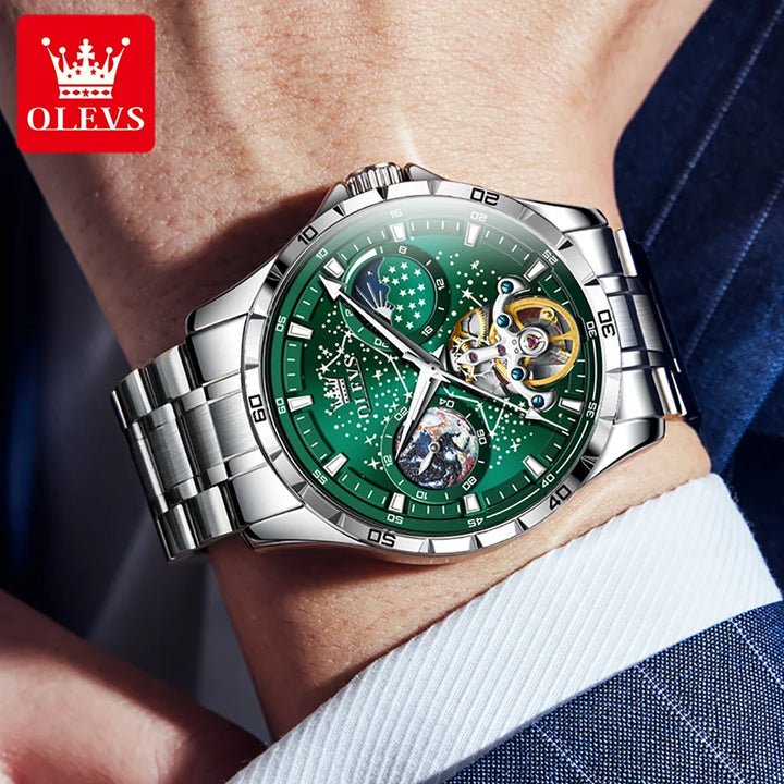 New In OLEVS Automatic Mechanical Watch for Men Starry Sky 42mm Dial Rotating Seconds Wrist Watch Luminous Star Moon Phase Watch