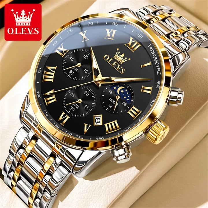 OLEVS 5529 Luxury Quartz Watch For Men Roman Scale Moon Phase Chronograph Man Watches Waterproof Luminous Calendar Wrist Watch Gold Black