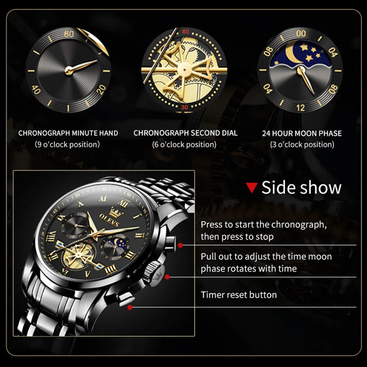 OLEVS Men’s Watch Analog Quartz Movement Business Stainless Steel Waterproof Luminous Chronograph Day Date Male Wrist Watches