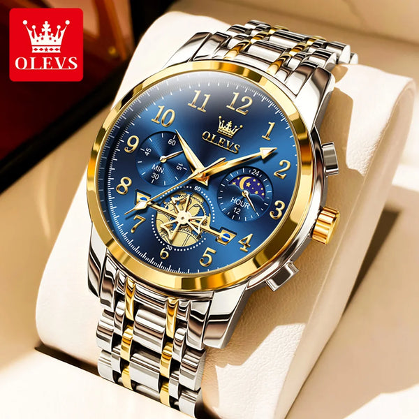 OLEVS 2900 NEW Quartz Watch for Men High Quality Multifunctional Chronograph Waterproof Stainless steel Moon Phase Men's Watches Blue