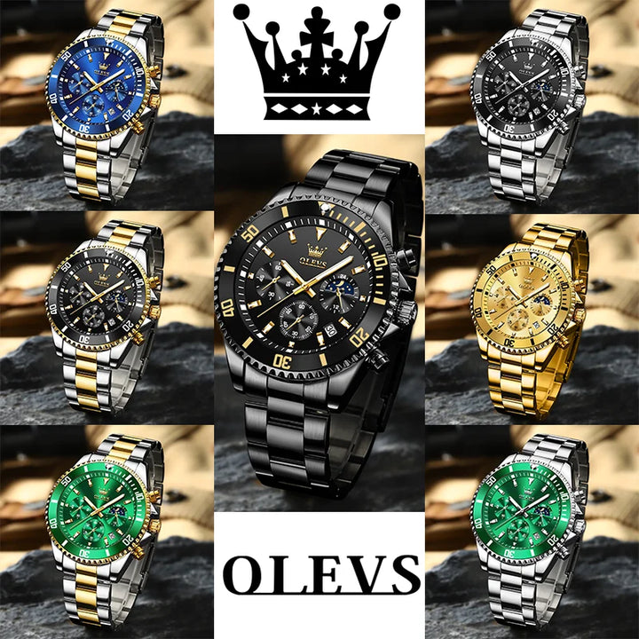 OLEVS Men's Watches Top Brand Luxury Watch for Men Original Waterproof Stainless Steel Chronograph Moon Phase Date Rota Dial