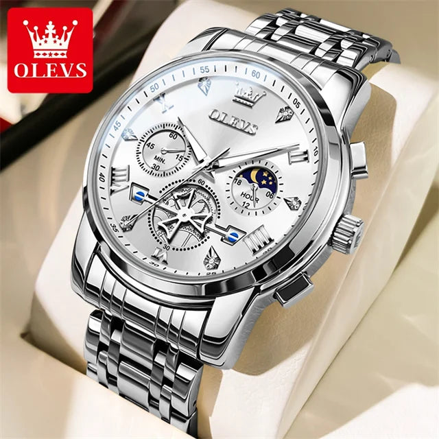 OLEVS Stainless Steel Men's Watches Chronograph Moon Phase Waterproof Luminous Quartz Wrist Watch for Men Luxury Brand Man Watch Silver White