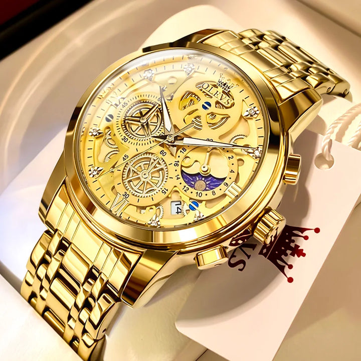 OLEVS Men's Watches Top Brand Luxury Original Waterproof Quartz Watch for Man Gold Skeleton Style 24 Hour Day Night New all gold