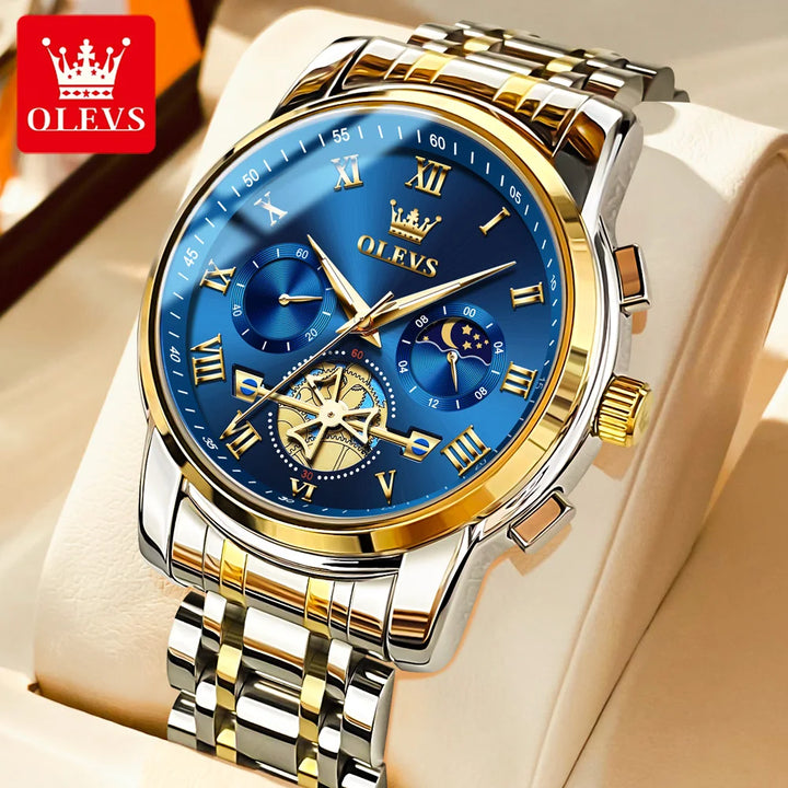 OLEVS Men’s Watch Analog Quartz Movement Business Stainless Steel Waterproof Luminous Chronograph Day Date Male Wrist Watches gold blue