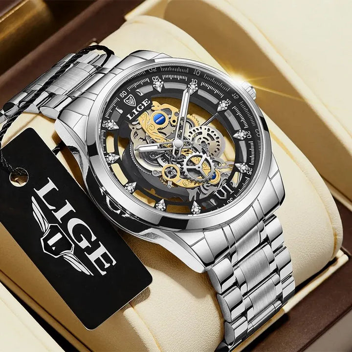 LIGE New Men Watch Skeleton Quartz Wristwatch Gold Skeleton Retro Man Watch Top Brand Luxury Clock Mens Watches Reloj Hombre silver black