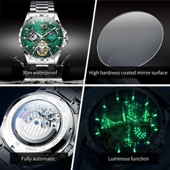 New In OLEVS Automatic Mechanical Watch for Men Starry Sky 42mm Dial Rotating Seconds Wrist Watch Luminous Star Moon Phase Watch