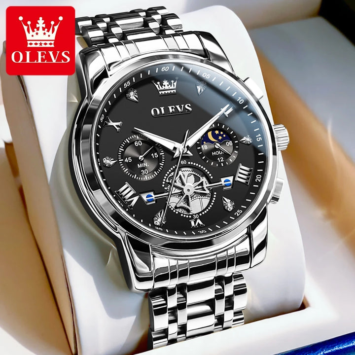 OLEVS 2856 New Men's Watches Luxury Classic Flywheel Design Waterproof Chronograph Moon Phase 24 Hour Quartz Wrist Watch for Men