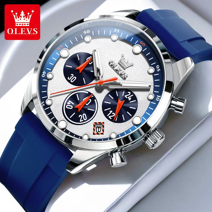 OLEVS Luxury Watch for Men Silicone Strap Waterproof Luminous Chronograph Classic Man Watch Top Original Quartz Men's Watch 2024 Blue White